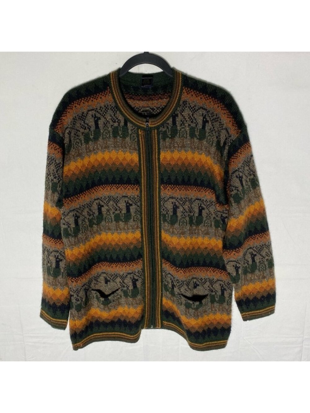Arcohi’s Green Orange Striped Alpaca Zip Front Crew Neck Cardigan Sweater M